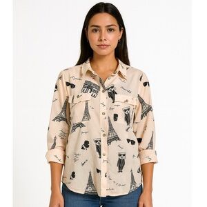 Karl Lagerfeld Paris Printed Baby Pink Button Down Top